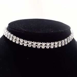 Vintage Double Row Prong Set Clear Rhinestone Choker Necklace 12 Inches